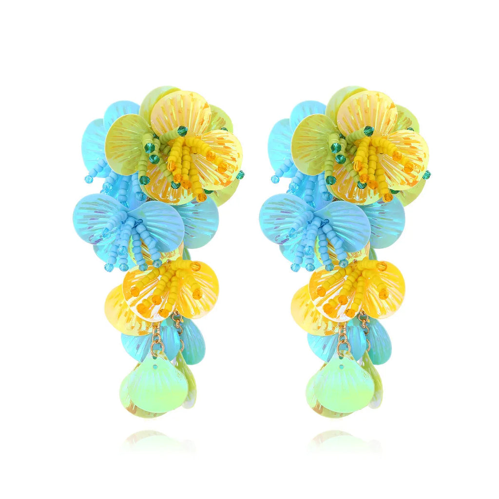 Handmade dopamine bead flower earrings in colourful rose purple designs