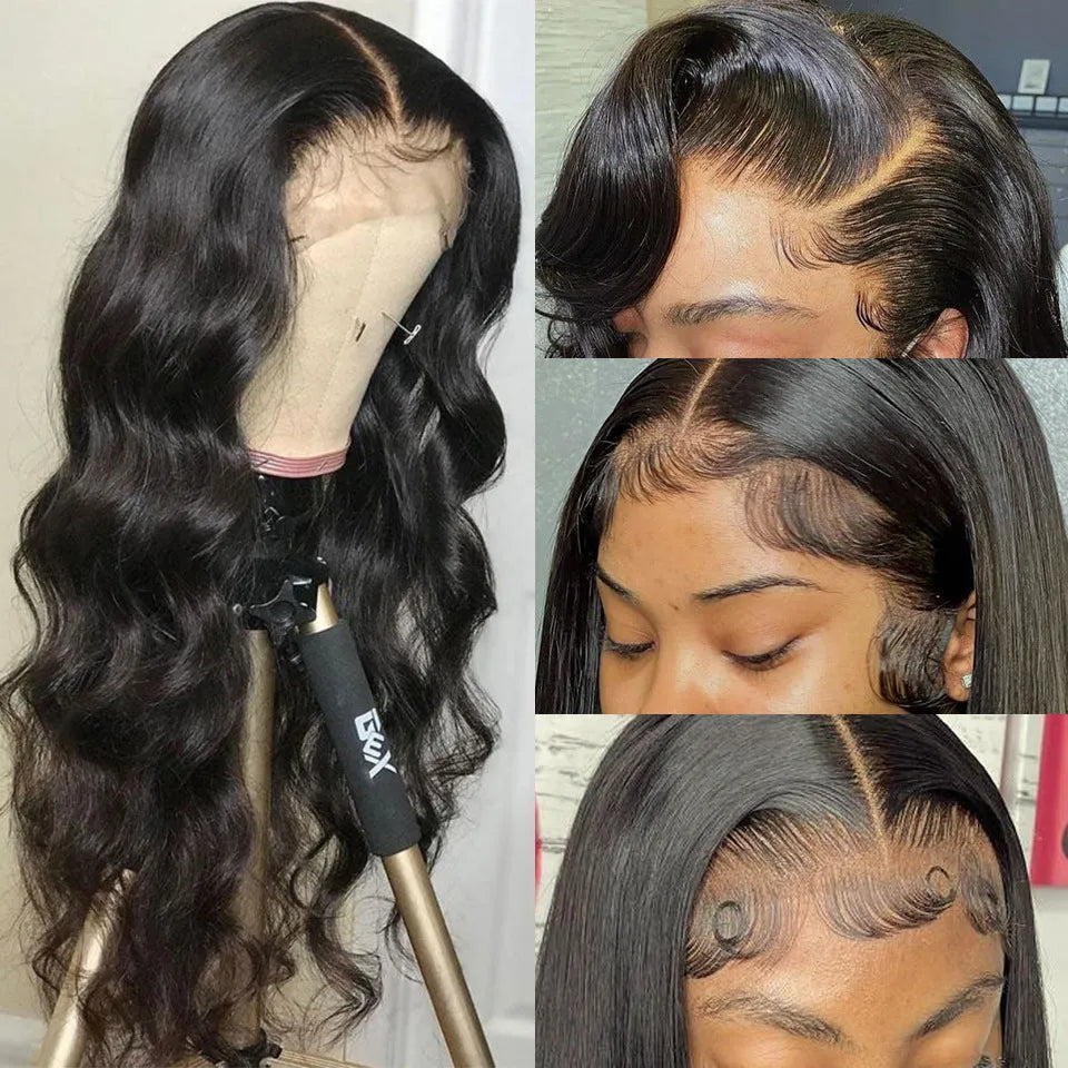 Black synthetic front lace wig with long curly hair and side bangs in exotic style