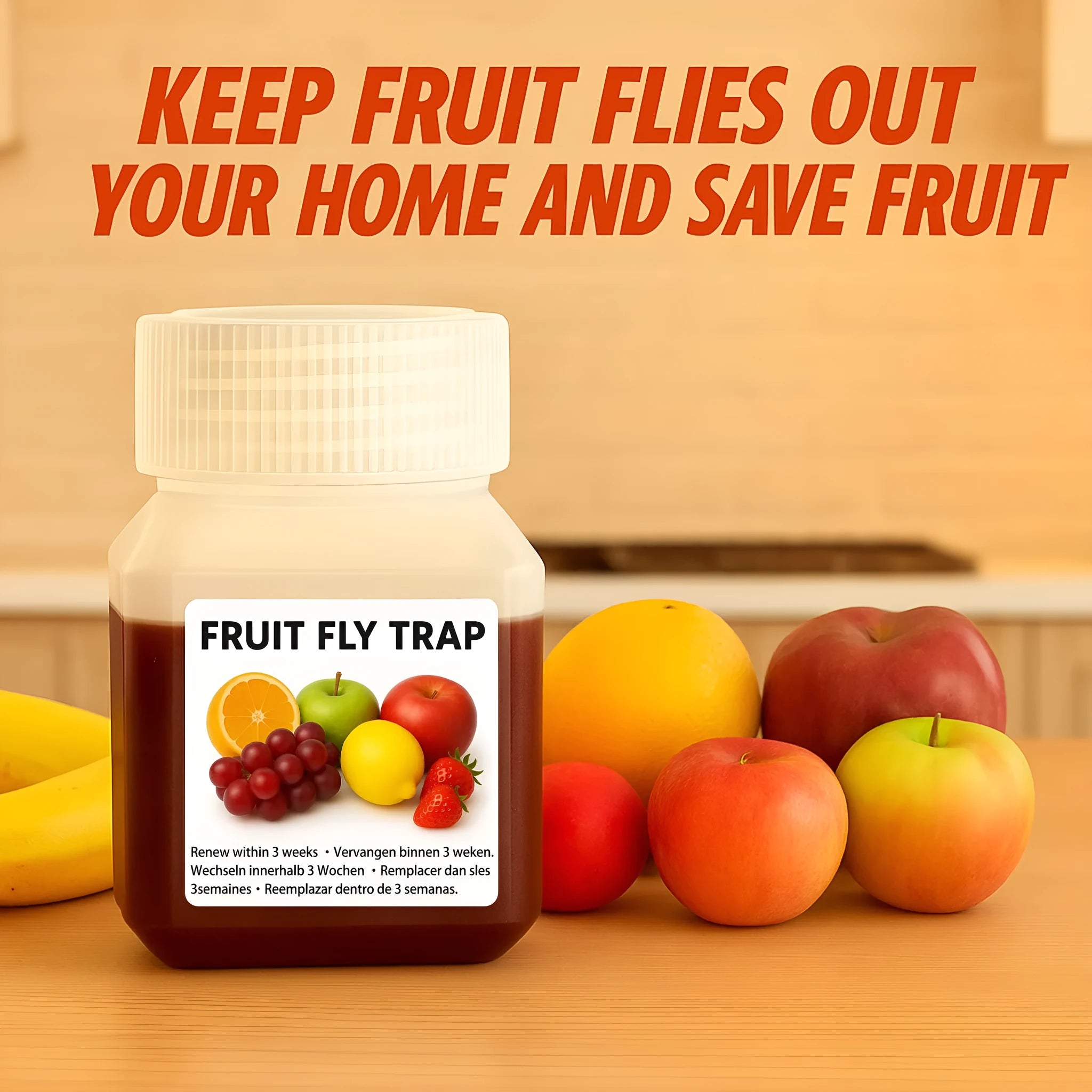 Bottle of bait liquid for a fruit fly trap, available in SK003 new and old standard variants.