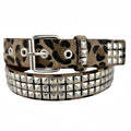 Punk women's PU leather belt with metal rivets and pyramid details in brown leopard, white zebra, or rose red patterns with alloy pin buckle
