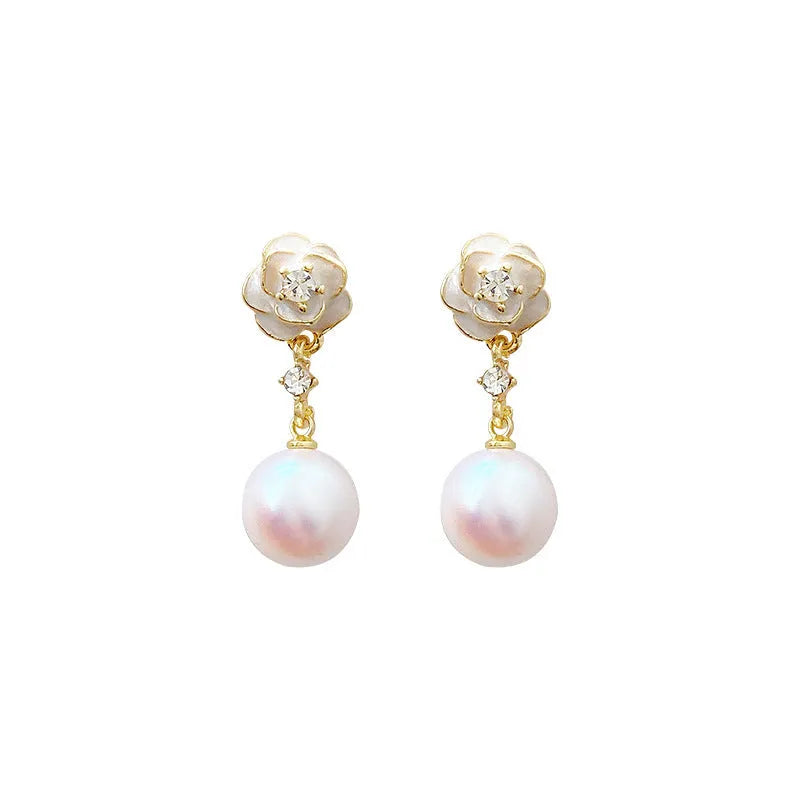 Camellia flower-shaped alloy stud earrings for women with floral design