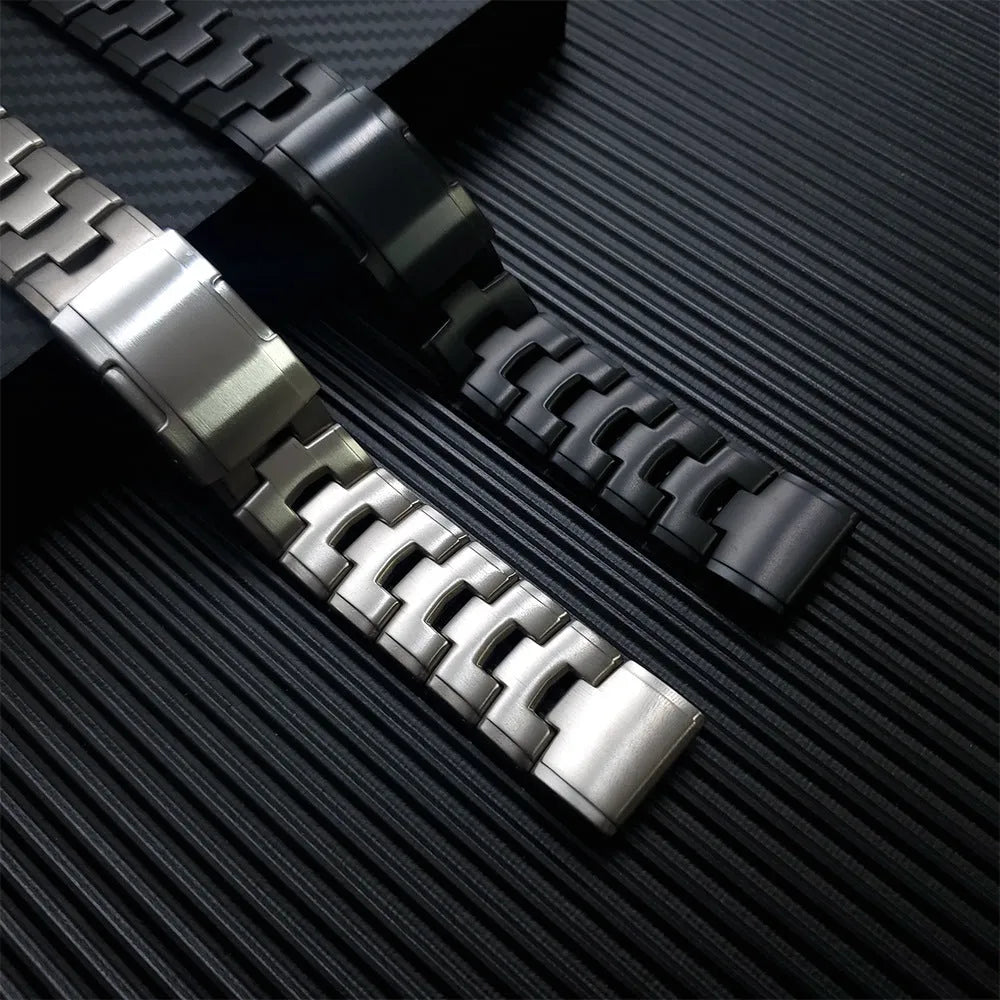 Metal watch strap for Garmin Fenix smartwatch in silver, black, or titanium with 22mm or 26mm width