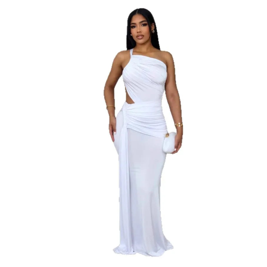 Women's solid colour one shoulder pleated dress with sleeveless design in milk silk polyester