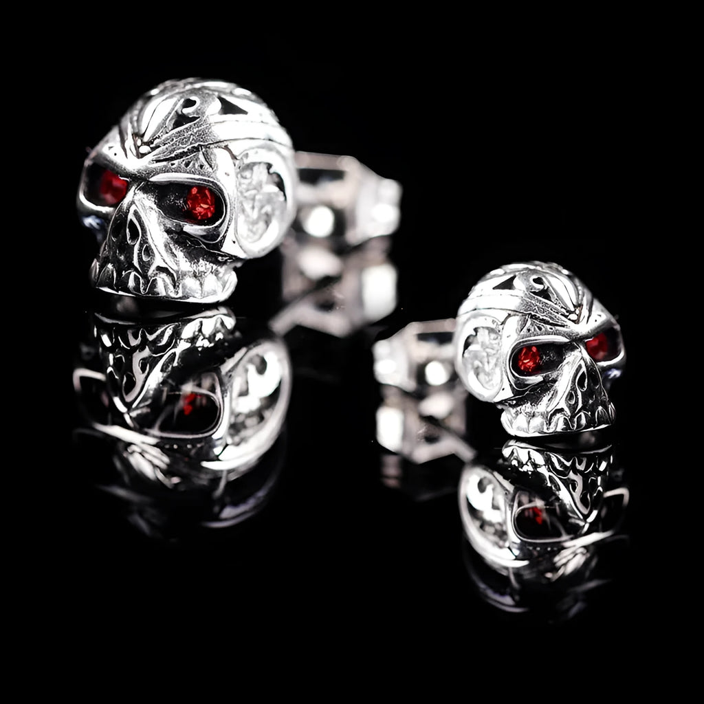 Retro skull stud earrings with red eye detailing and alloy ghost head design