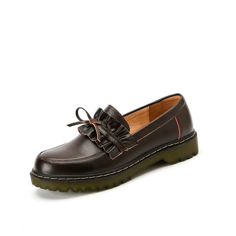 British-style women's leather shoes with chunky heel and round toe in black or brown
