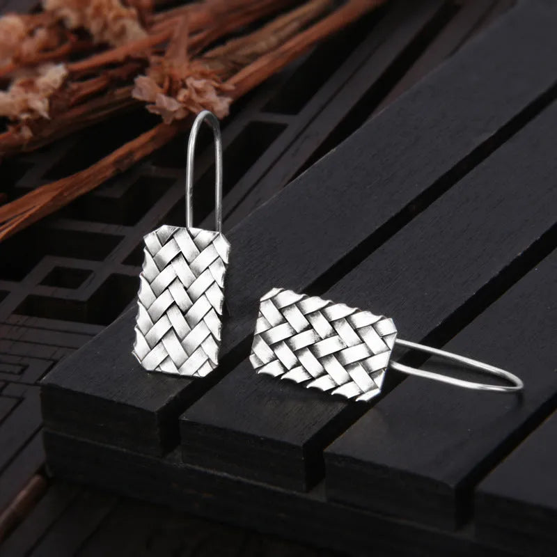 Silver geometric woven diamond plaid earrings with 925 silver construction