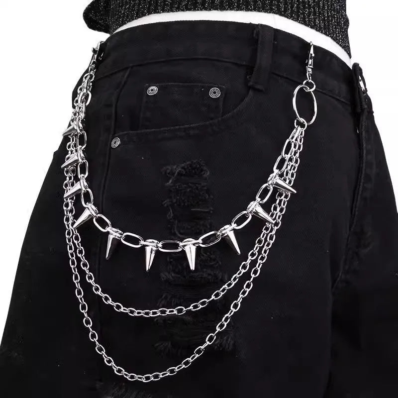 Silver punk fashion pants chain with double-layer rivet design measuring 115cm length
