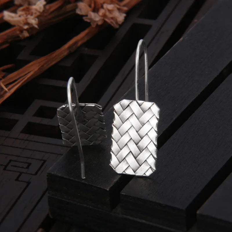 Silver geometric woven diamond plaid earrings with 925 silver construction
