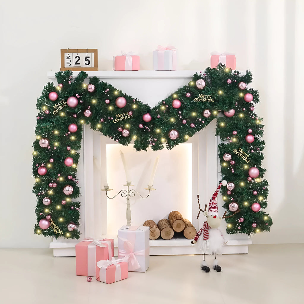 Pink Christmas rattan garland with small fruit detailing, 2.7 metres long with optional lighting