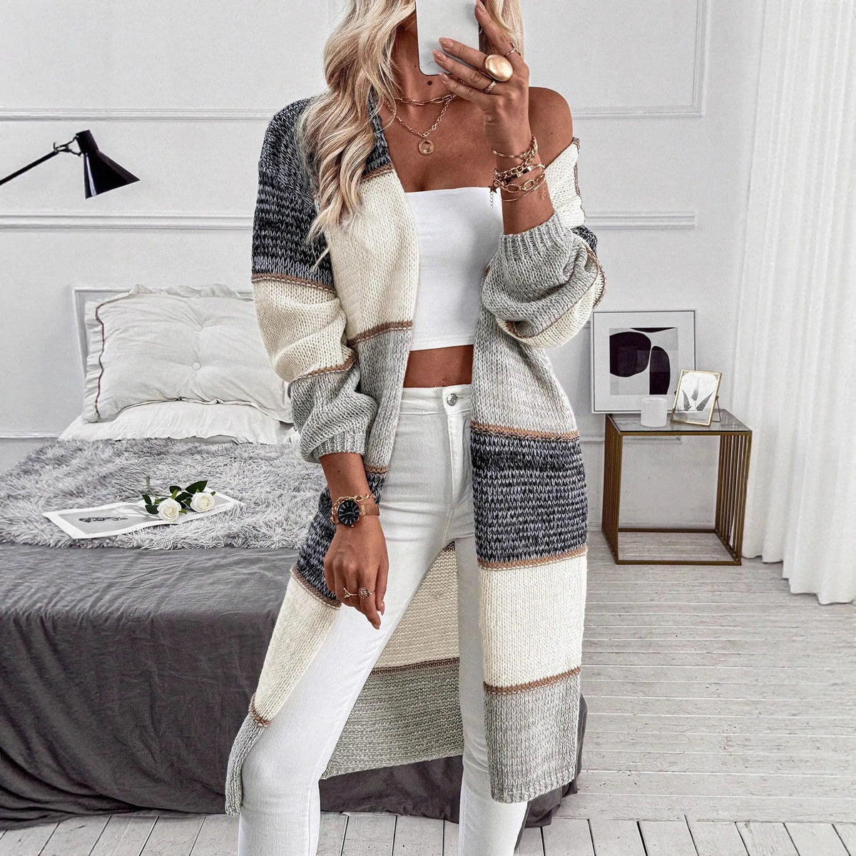 Women's gray knitted long cardigan with striped pattern and loose fit street fashion style