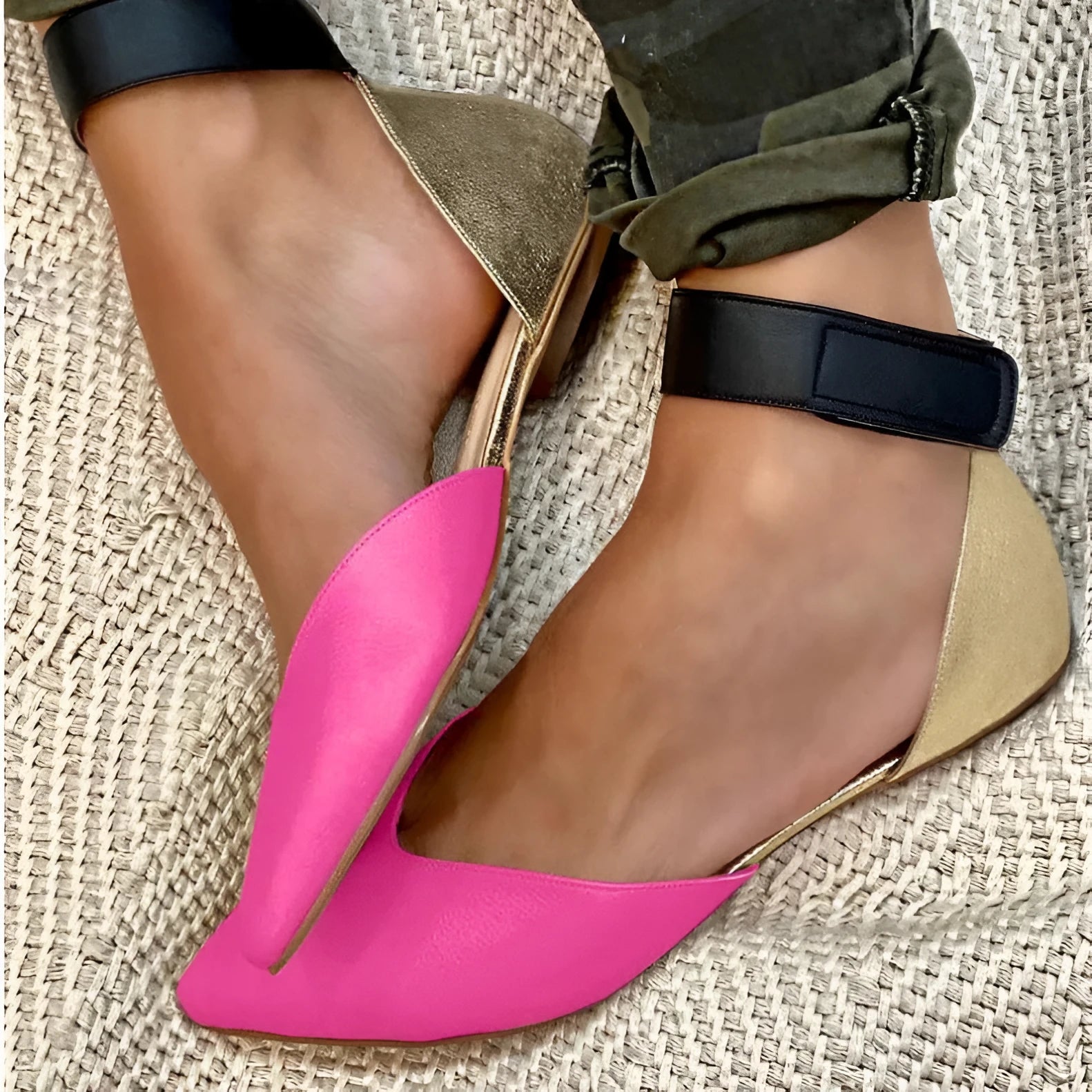 Women's beige casual sandals with hollowed design and adjustable Velcro straps on a flat heel