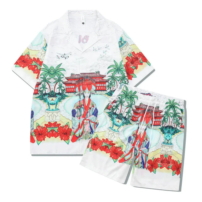 Men's plaid printed beach outfit set showing a short sleeve shirt and matching trousers on a manikin.