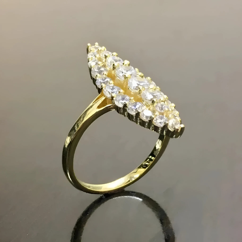 Gold electroplated copper women's ring with geometric full diamond design, sizes 5 to 11