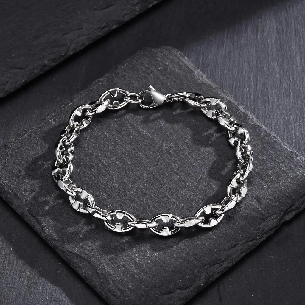 Handmade thick stainless steel geometric chain bracelet in steel colour for men's hip hop style.