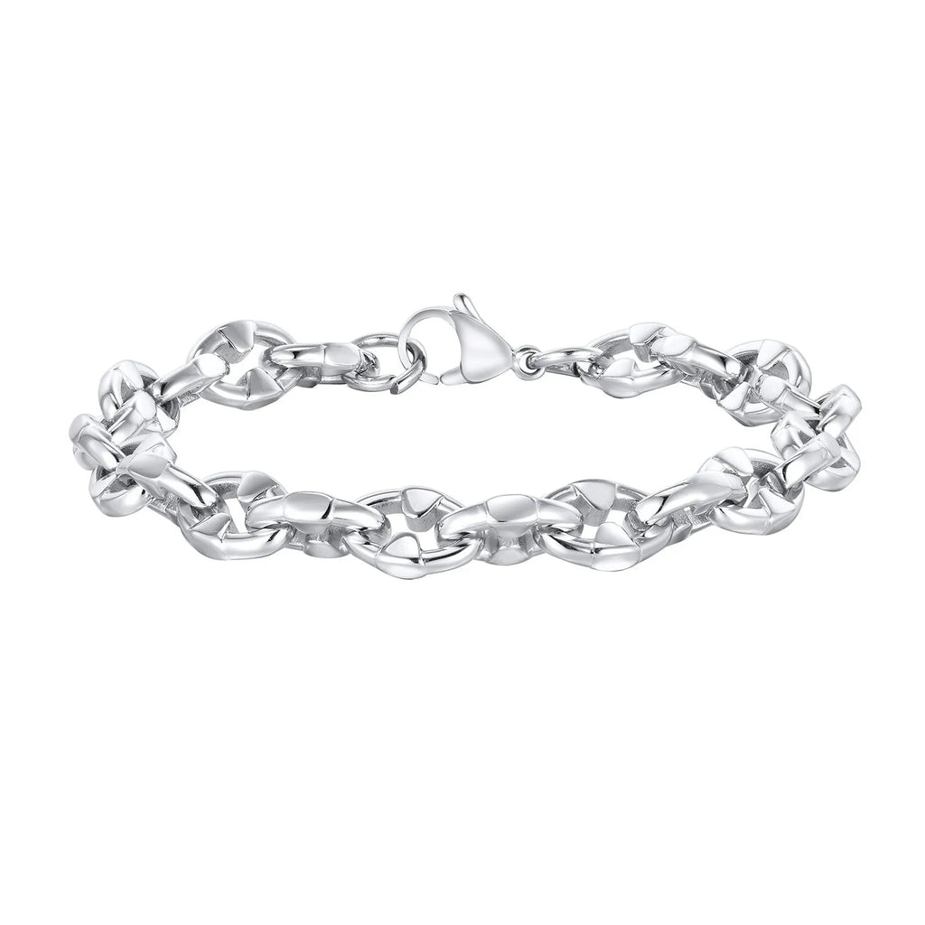 Handmade thick stainless steel geometric chain bracelet in steel colour for men's hip hop style.