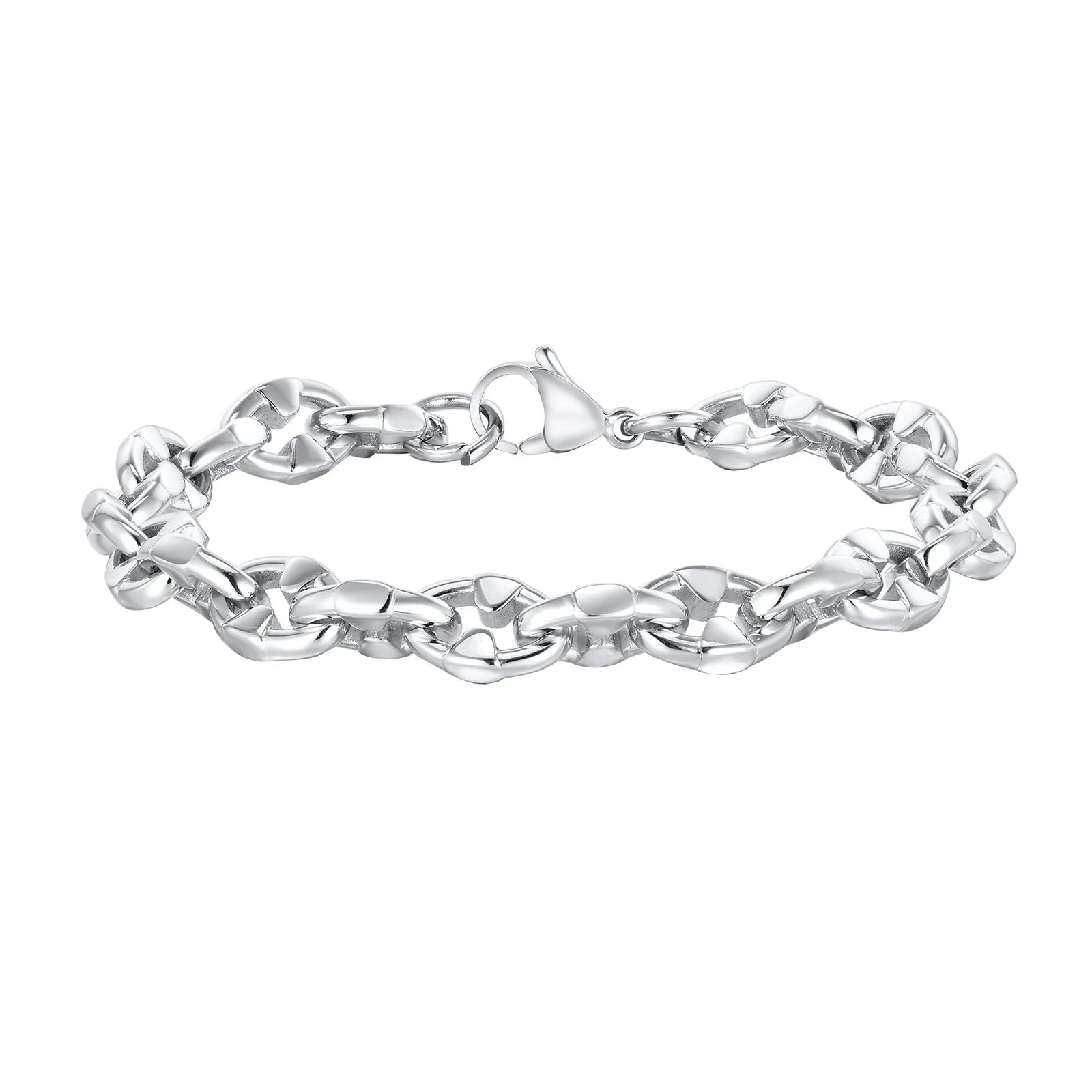 Handmade thick stainless steel geometric chain bracelet in steel colour for men's hip hop style.