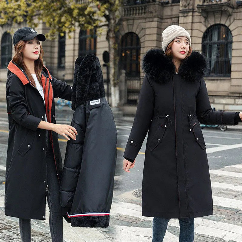 Women's long white fleece trench coat with down cotton filler, shown at 100cm length.