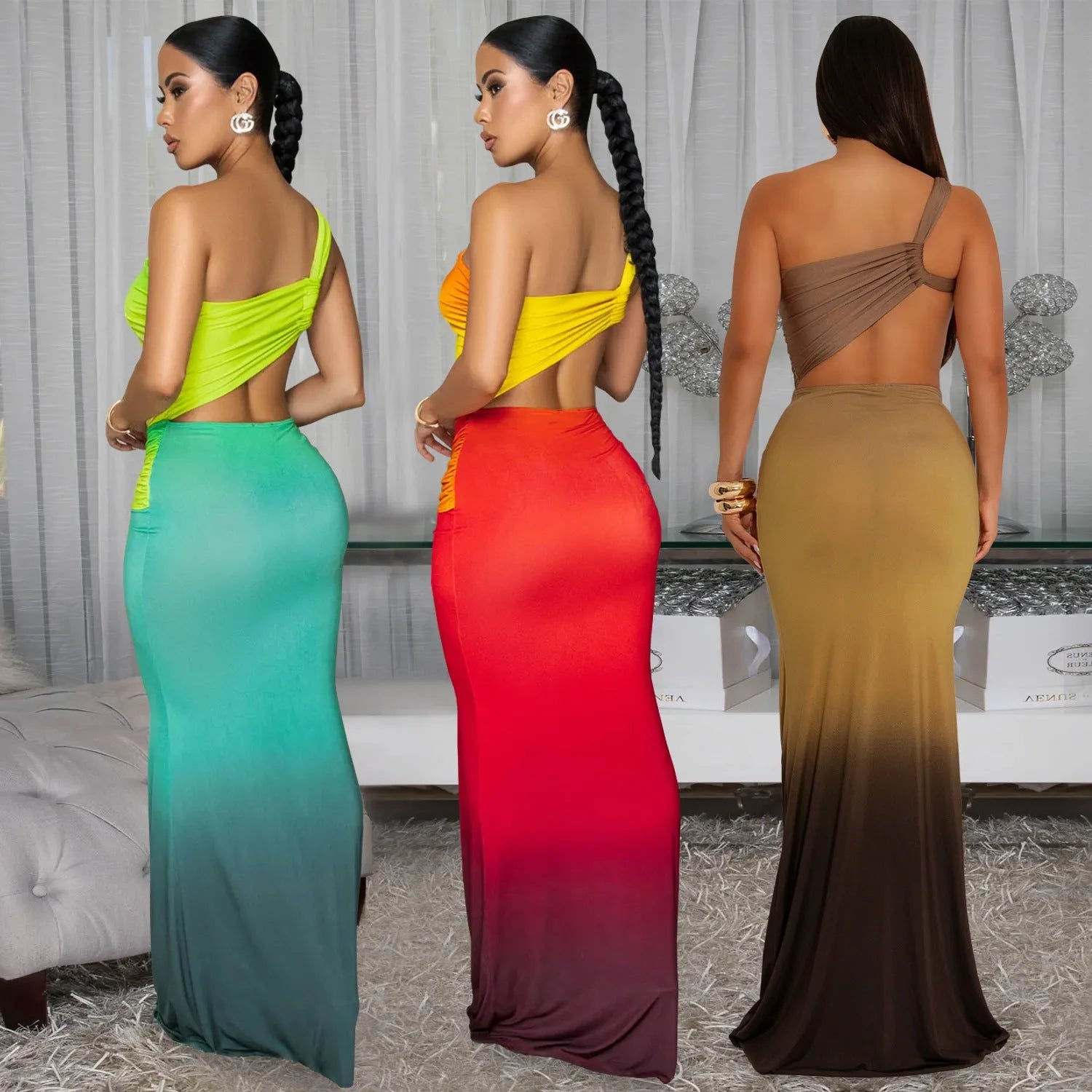 Women's gradient colour cross-shoulder dress with high waist and long skirt in polyester fabric