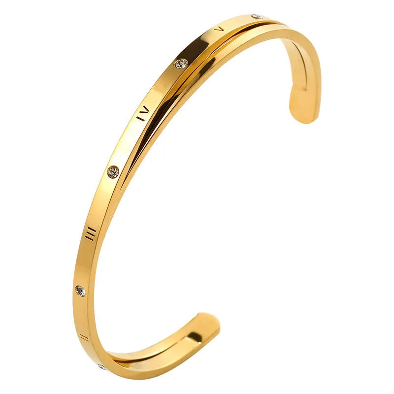 Open-ended stainless steel bracelet for women with inlaid zircon stones in rose, gold, or steel colour.
