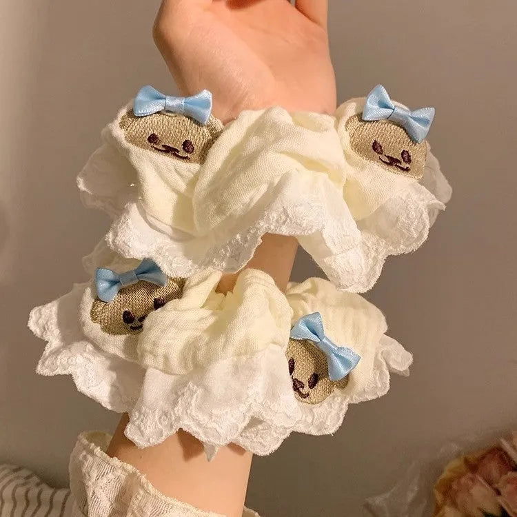 Bear blue cloth hair ring with bowknot design and high elasticity construction