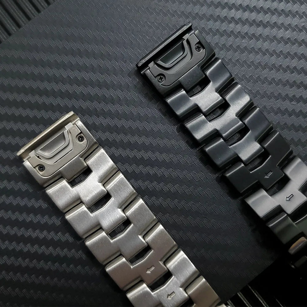 Metal watch strap for Garmin Fenix smartwatch in silver, black, or titanium with 22mm or 26mm width