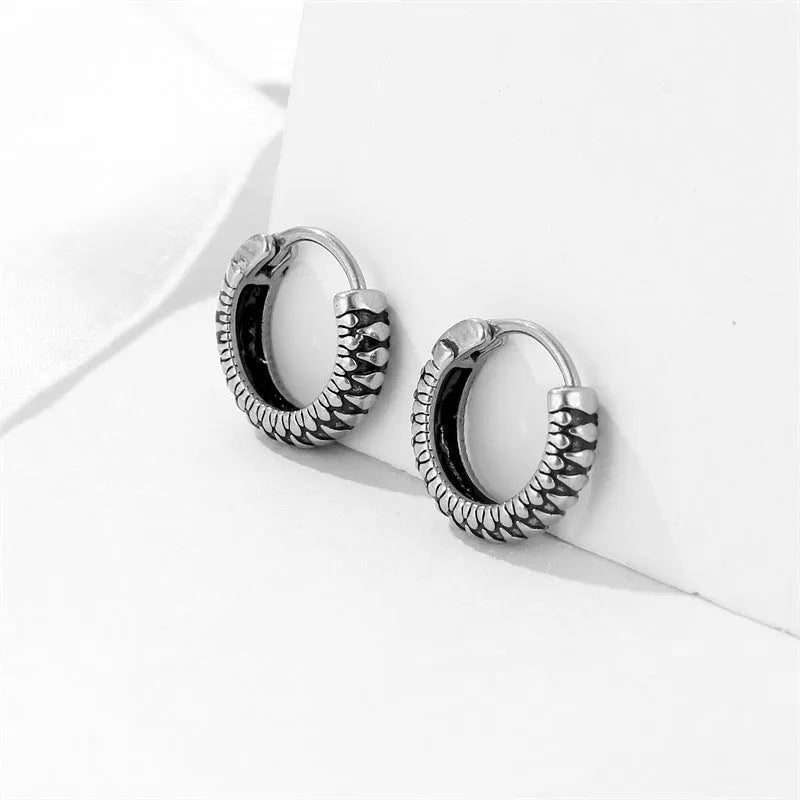 Silver geometric striped titanium steel earrings with round elements in retro sports style