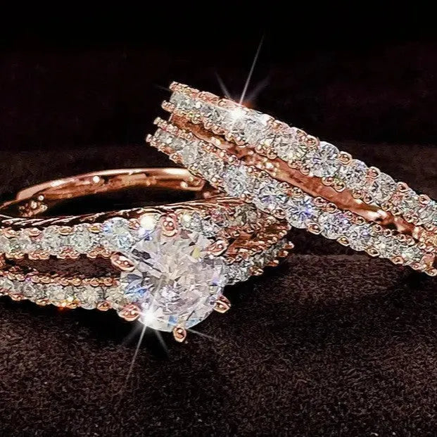 2 in 1 female fashion ring set with diamond treatment in silver, gold, and rose gold finishes