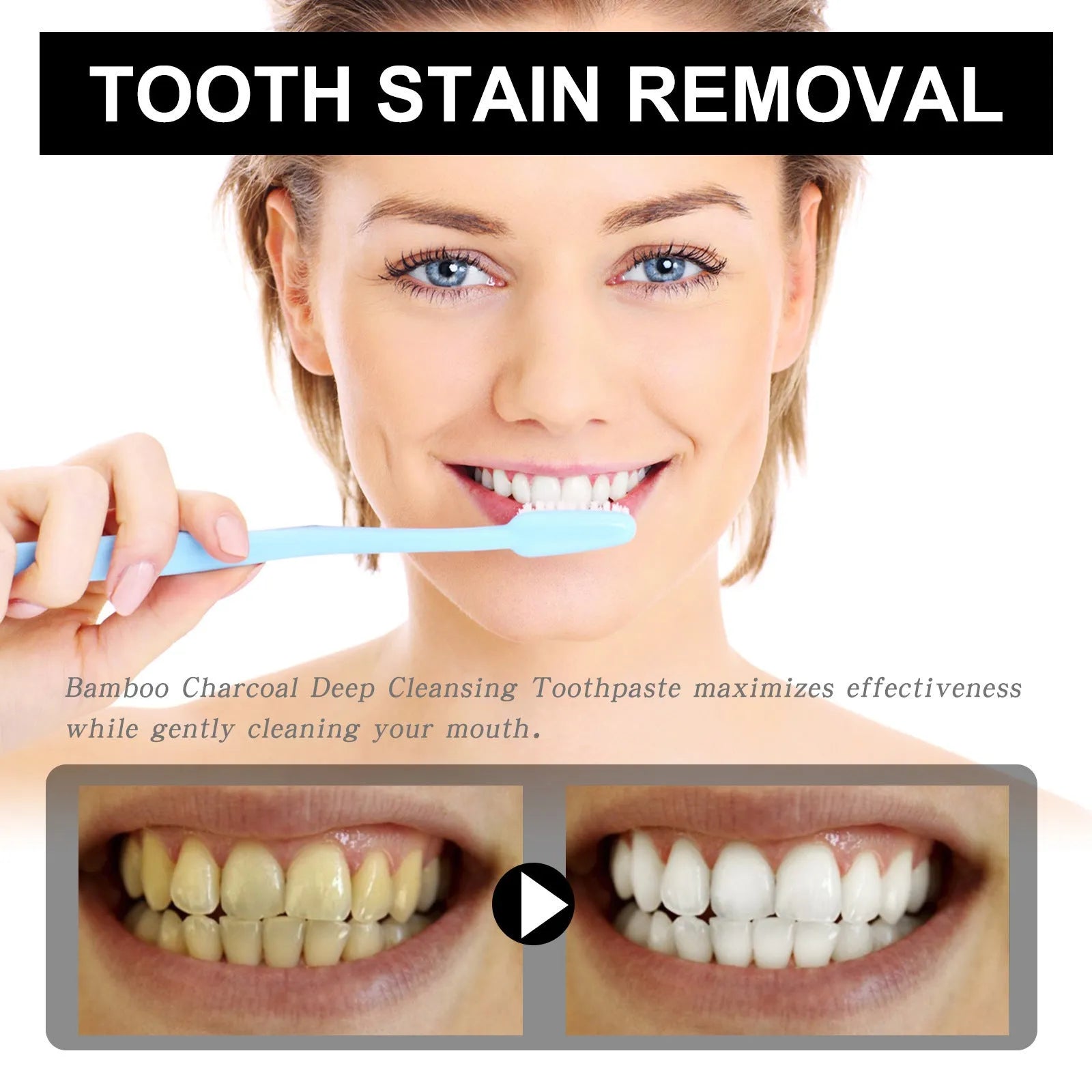 30ml bamboo charcoal bright white toothpaste tube for stain removal measuring 3.2cm square by 12.4cm long