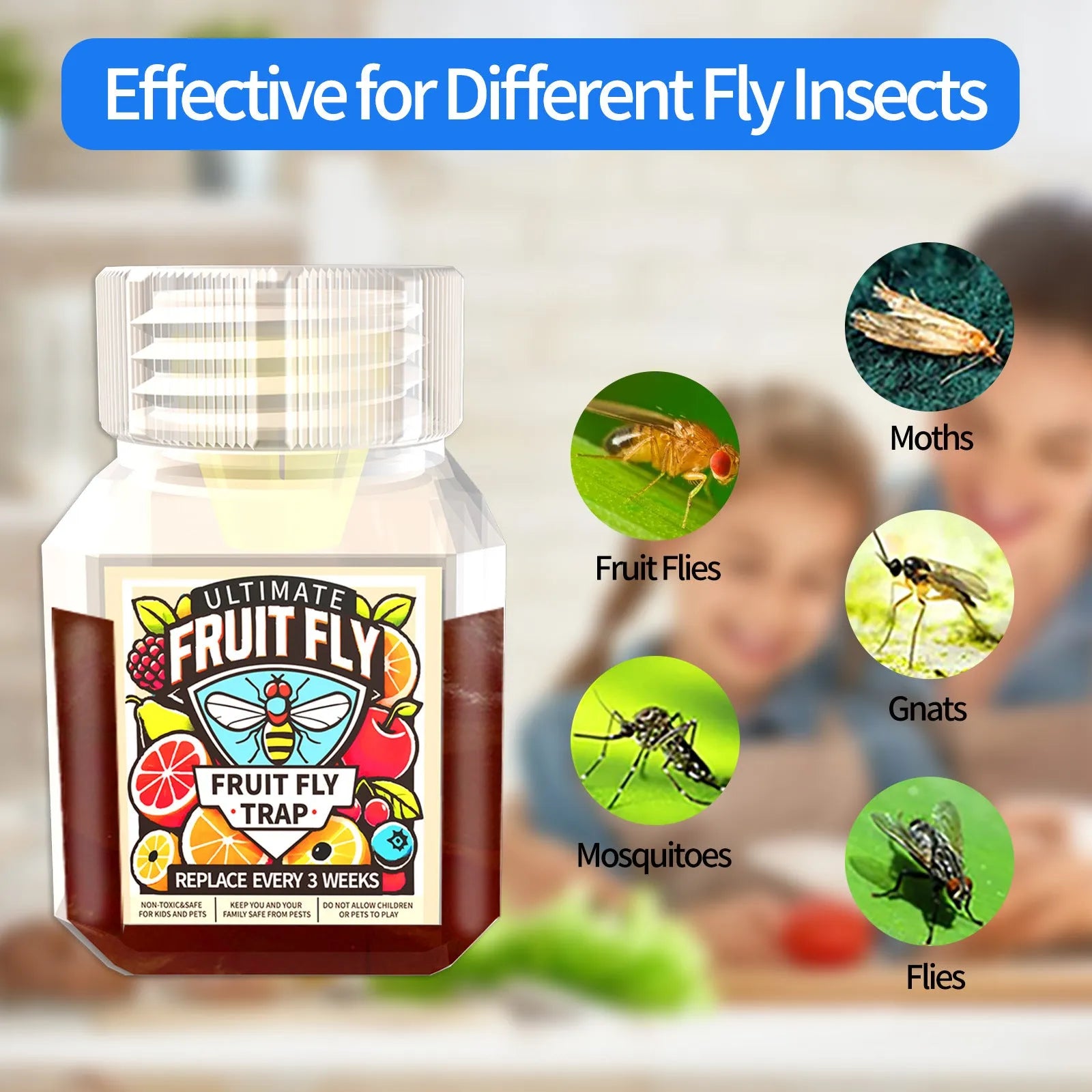 Bottle of bait liquid for a fruit fly trap, available in SK003 new and old standard variants.