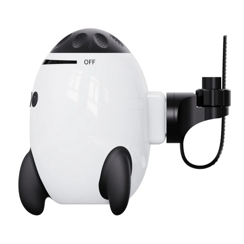 White portable baby stroller shaking device with interactive toys for infant sleep and comfort.
