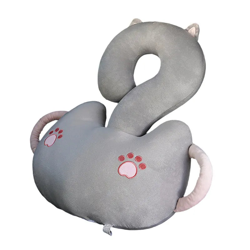 Square cartoon animal hug pillow cushion in capybara design, 65cm, on a grey sofa.