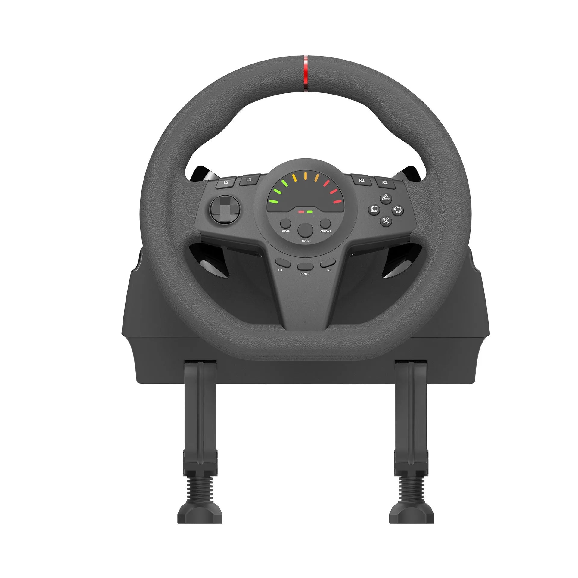 Black multi-platform racing game steering wheel with two pedals, paddle shifters, and LED display