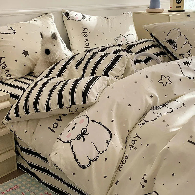 Cartoon dog pattern pure cotton four-piece bedding set with reactive printed designs
