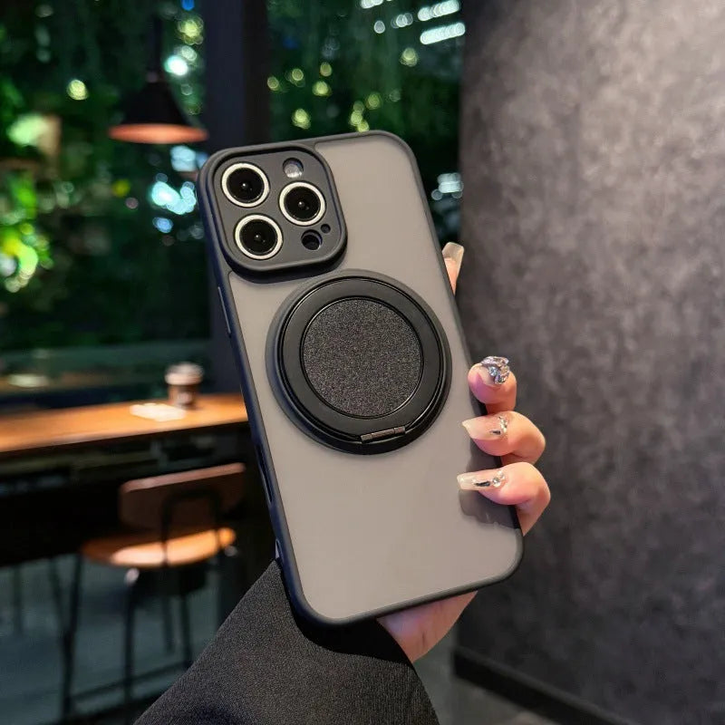 Magnetic suction pivot phone case with invisible bracket for iPhone 14 15 16 in transparent frosted TPU PC