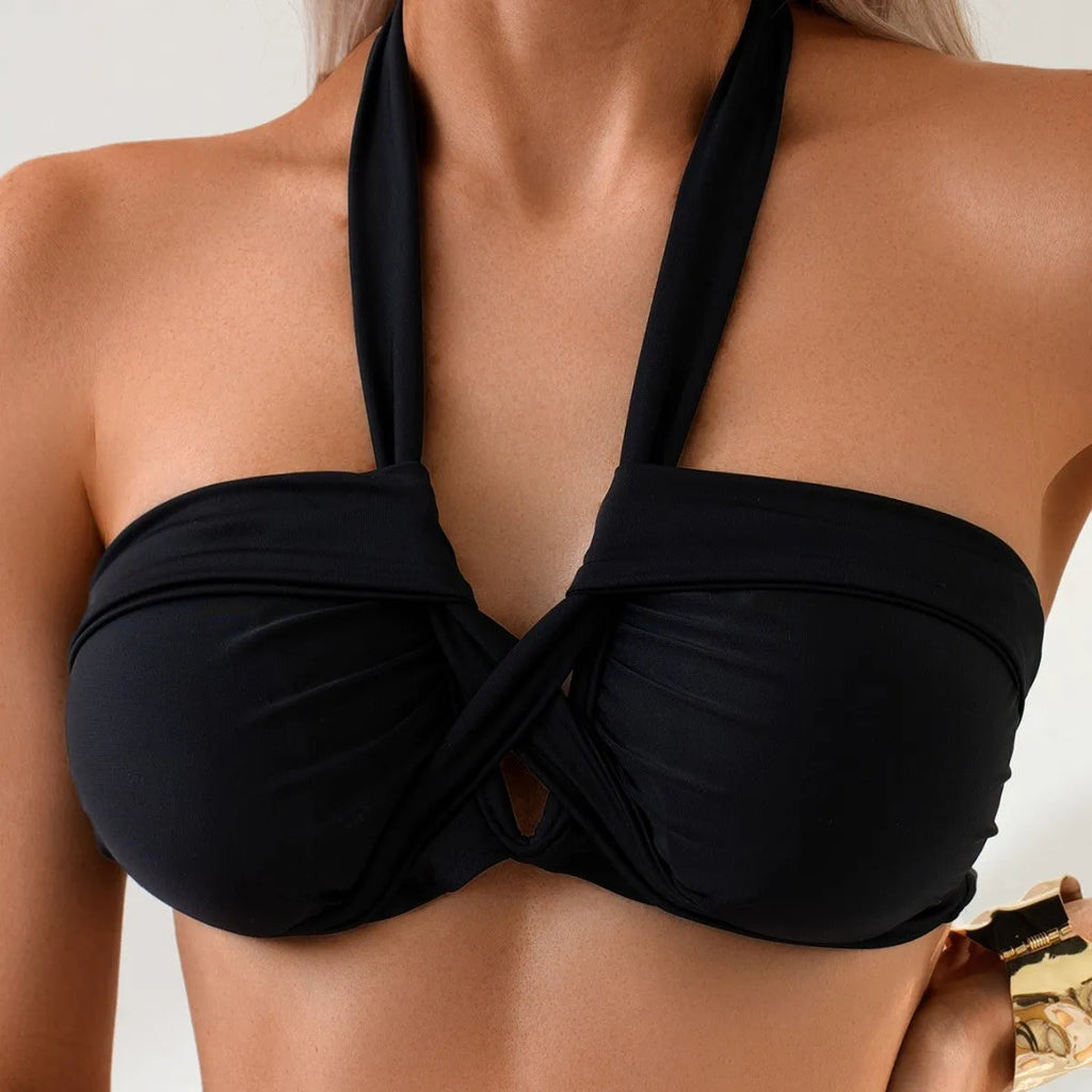 Black backless women's bikini swimsuit with high-leg briefs for swimming sports