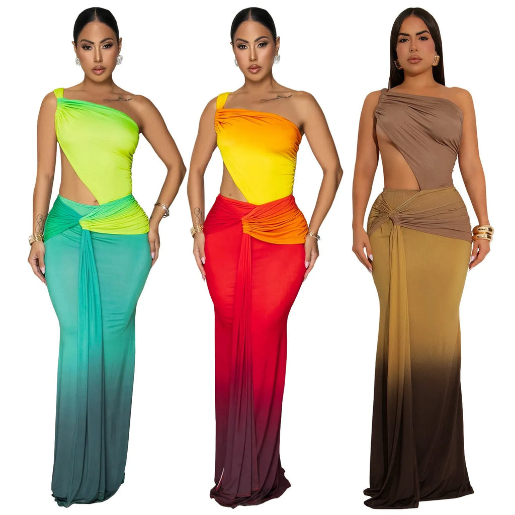 Women's gradient colour cross-shoulder dress with high waist and long skirt in polyester fabric