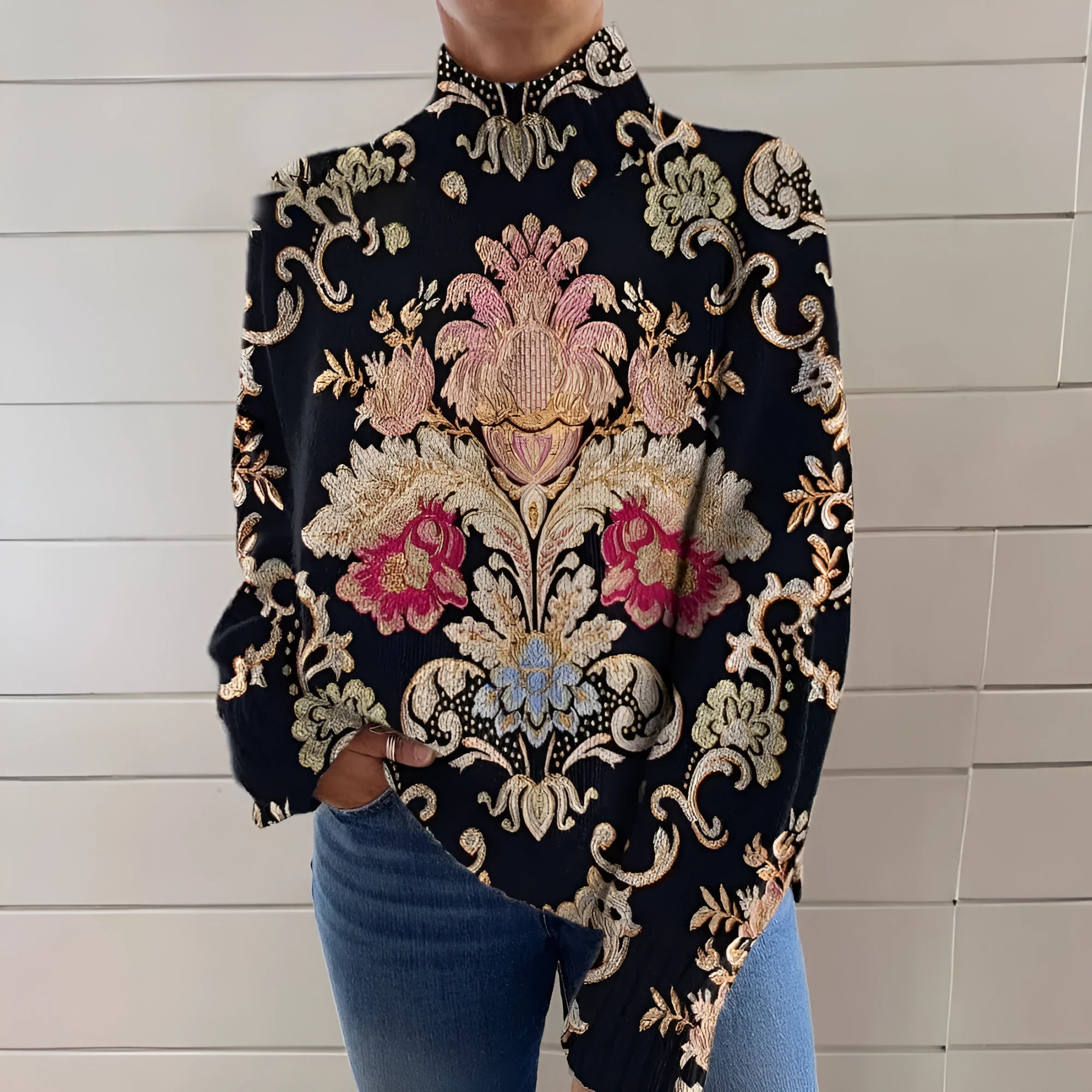 Black line 3D pattern printed turtleneck long sleeve sweater in loose fit Japanese Korean casual style