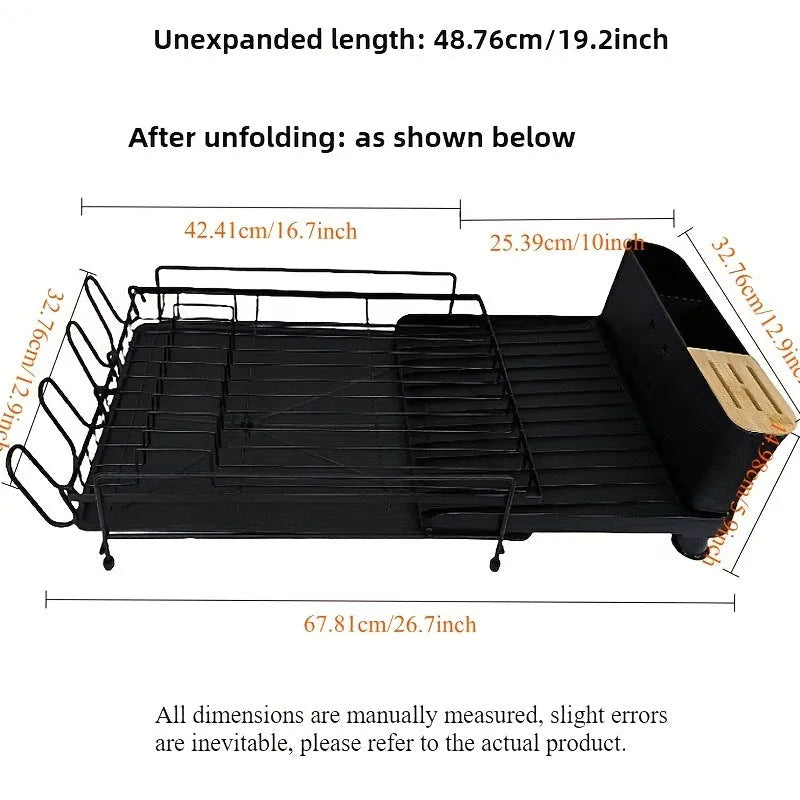 Retractable carbon steel dish rack holding cutlery, knives, forks and cups in modern simplicity style