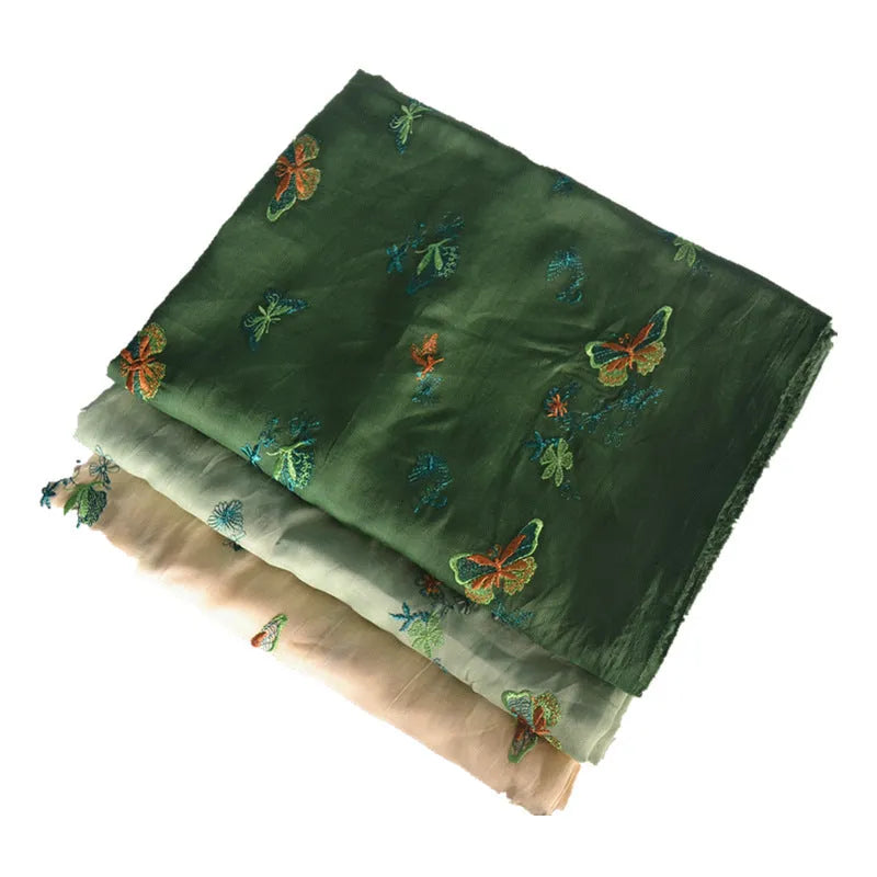 Pure ramie embroidery cloth fabric in beige, grass green, and dark green colours for Hanfu dressmaking