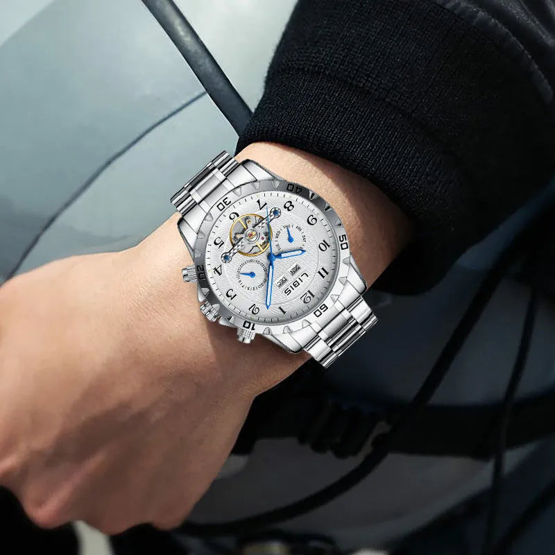 Men's automatic perpetual calendar mechanical watch with stainless steel silver belt and sapphire crystal