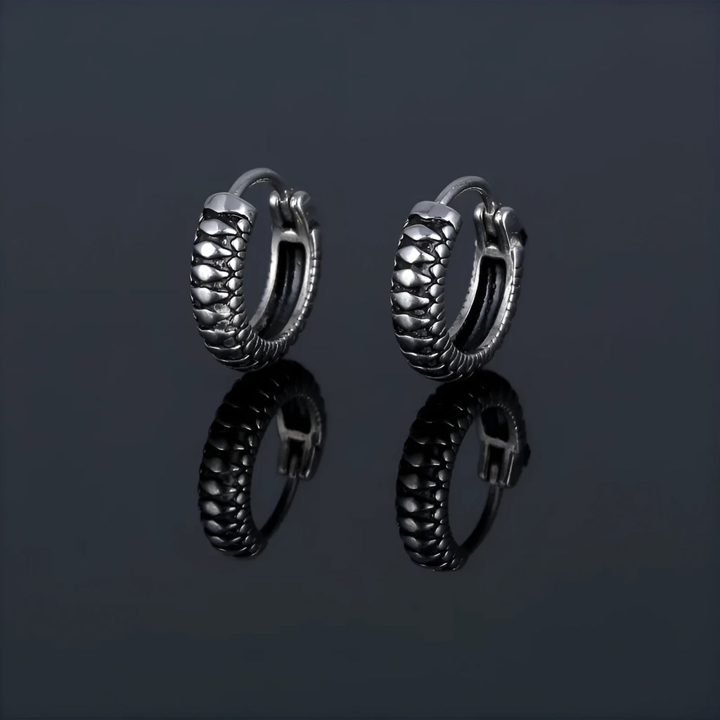 Silver geometric striped titanium steel earrings with round elements in retro sports style