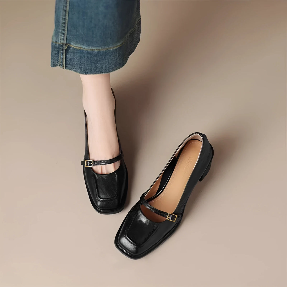 Women's retro square toe high heel pumps in black or dark brown with buckle fastening, sizes 35 to 40