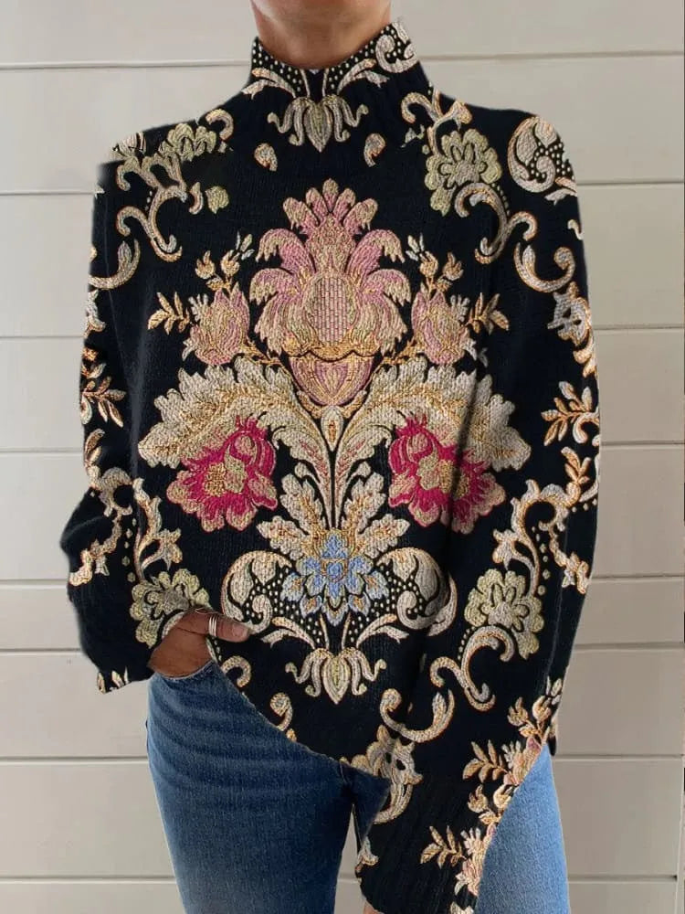 Black line 3D pattern printed turtleneck long sleeve sweater in loose fit Japanese Korean casual style