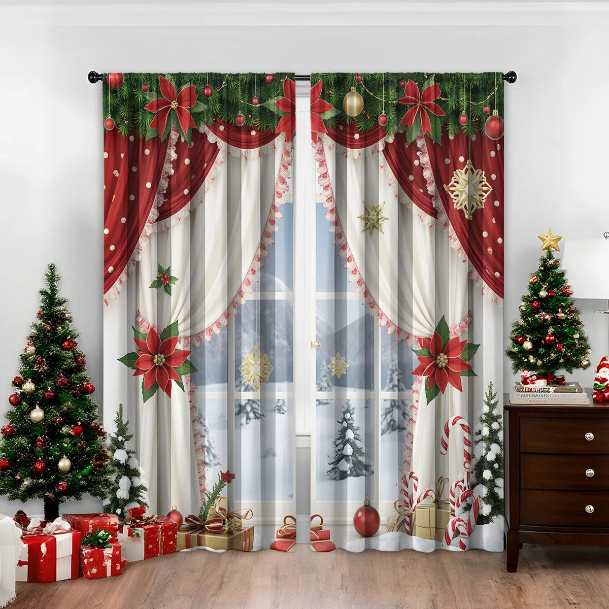 3D digitally printed Christmas style curtain pair in polyester with high sunshade function