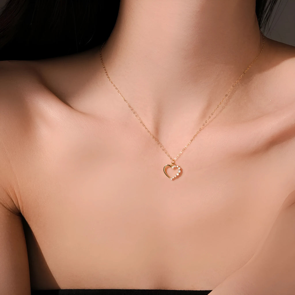 S925 sterling silver hollow heart necklace with 18K gold or white gold plating and regular chain style for women