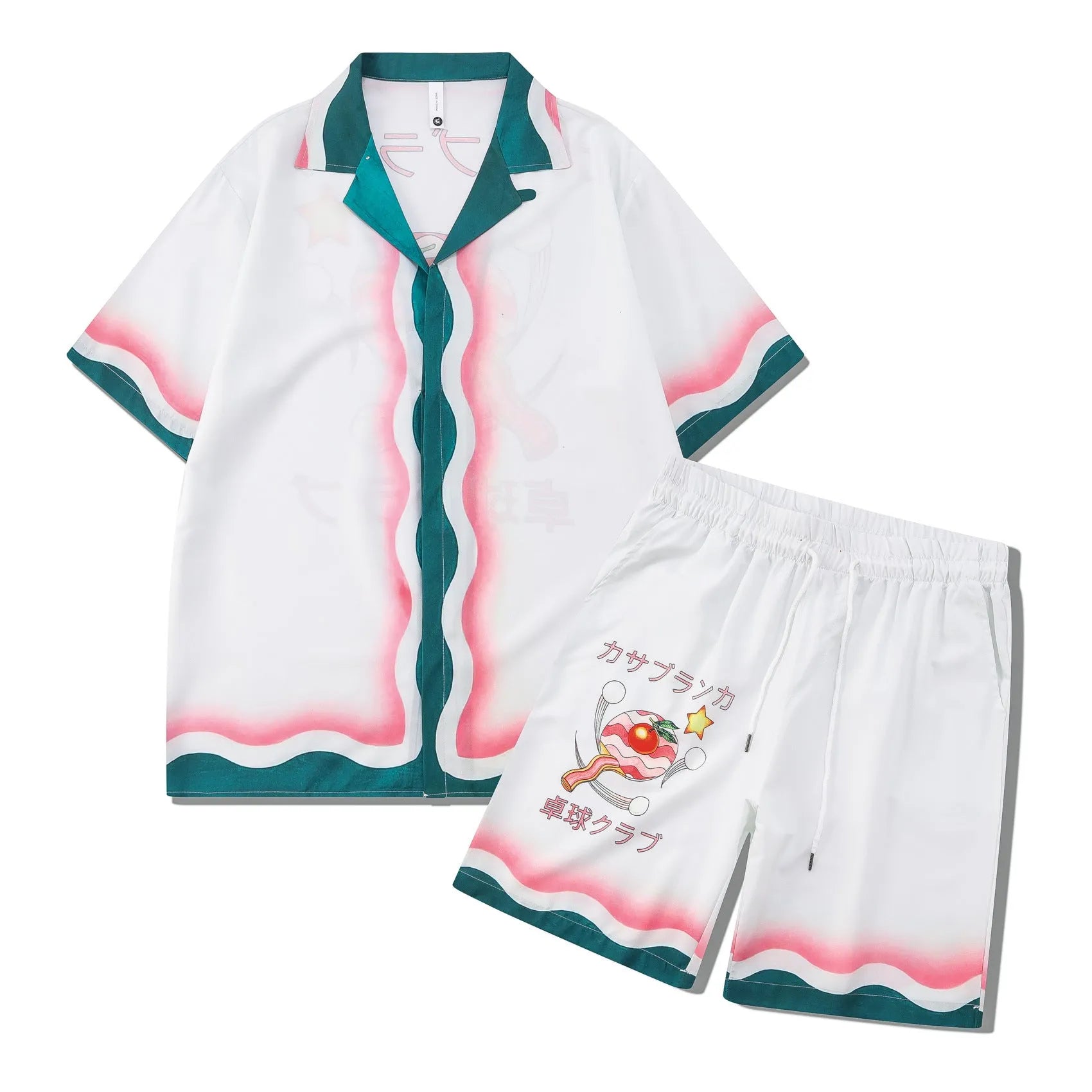 Men's plaid printed beach outfit set showing a short sleeve shirt and matching trousers on a manikin.