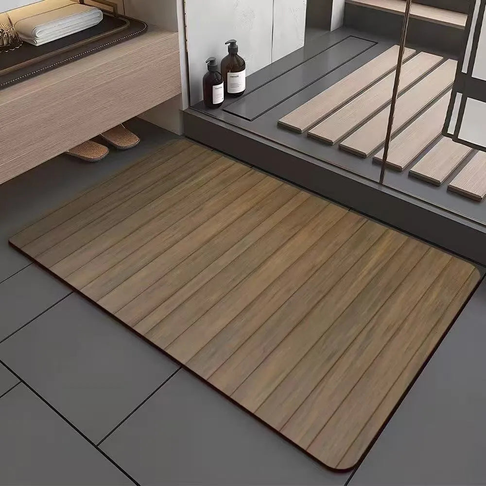 Square diatomaceous earth bathroom floor mat with wood grain pattern on bathroom tiles
