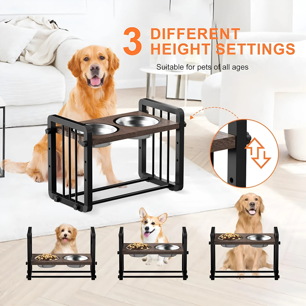 Black wooden dog bowl stand bracket on a floor holding food and water bowls.