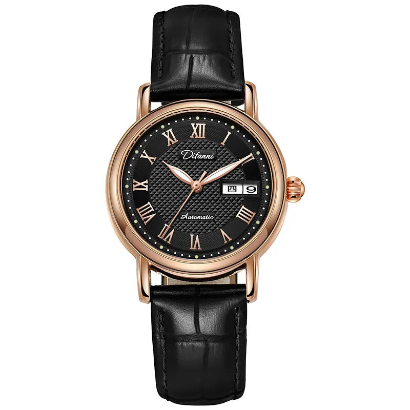 Women's automatic mechanical watch with stainless steel bracelet or leather strap, 12mm thick case.