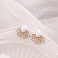 Women's retro geometric fan-shaped silver earrings with rhinestone and opal accents